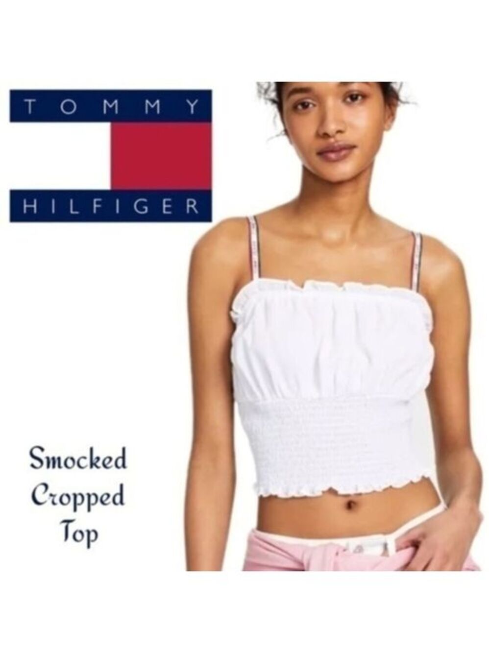 TOMMY JEANS White Smocked Hem Logo Strap Cropped Rayon Tank Top NWT/XL
